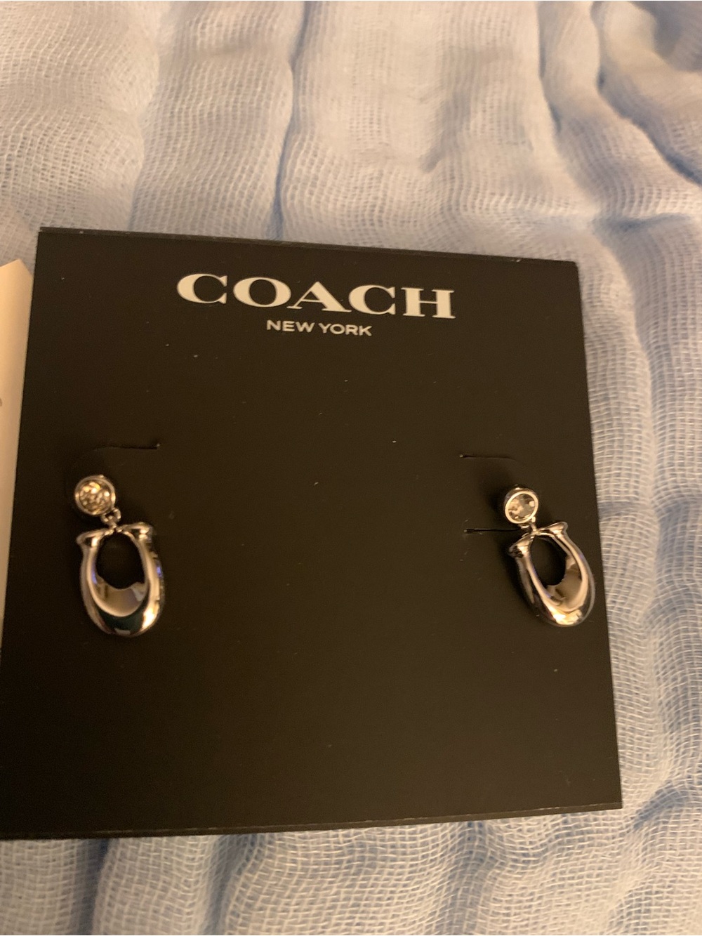 Coach Silver Oval Link Drop Earrings with Crystal Studs